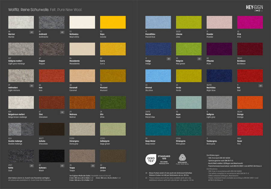 HEY-SIGN by BWF Group Filzprodukte in 44 neuen Farben